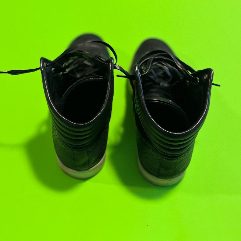 Gucci GG Black Leather Web High Top Sneakers Size 7.5G - Picture 3 of 6